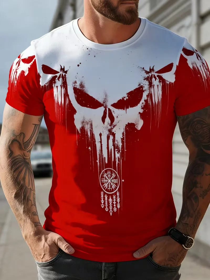 Men crew neck short sleeve t‑shirt, skull viking rune compass drip print top, street graphic tee for outdoor daily casualwearing