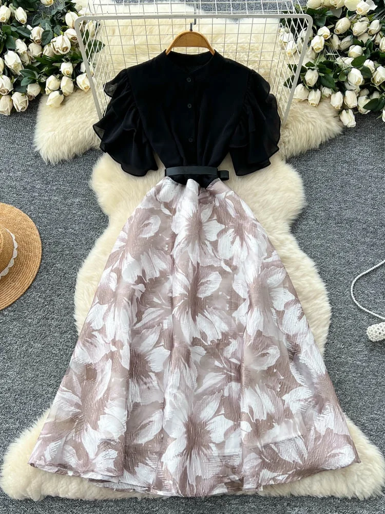 High-End Women's Summer Dr 2025 Belted Waist Print Splice Flounce Sve A-Line Skirt Korean Sle Commute ort Sve