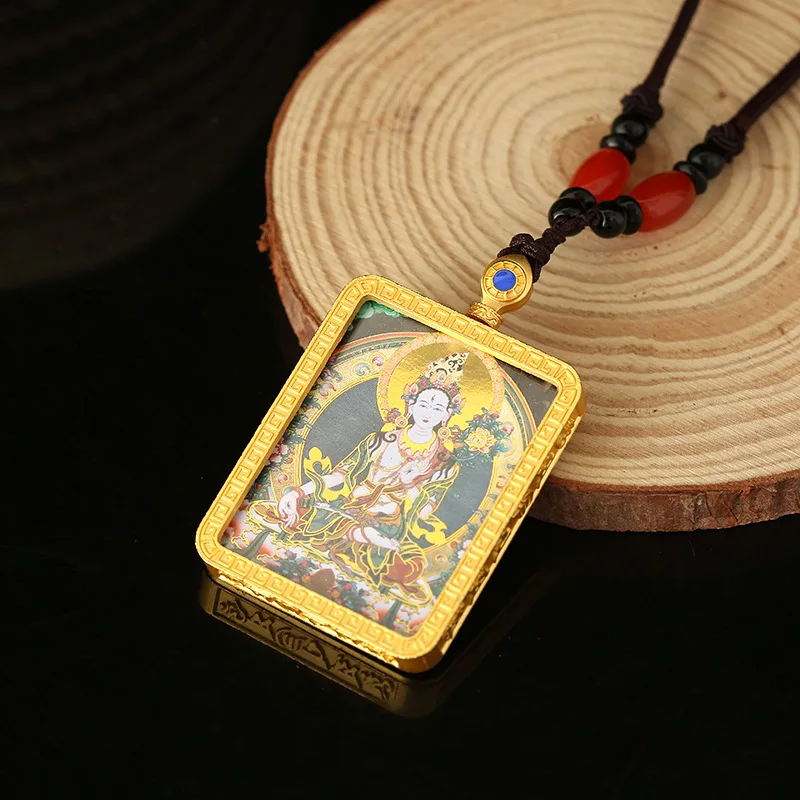 Green Tara Buddha Statue Thangka Tibetan Buddhism Pendant Necklace Nepalese Thangka Buddhist Sacred Amulet Maitreya Necklace image 3