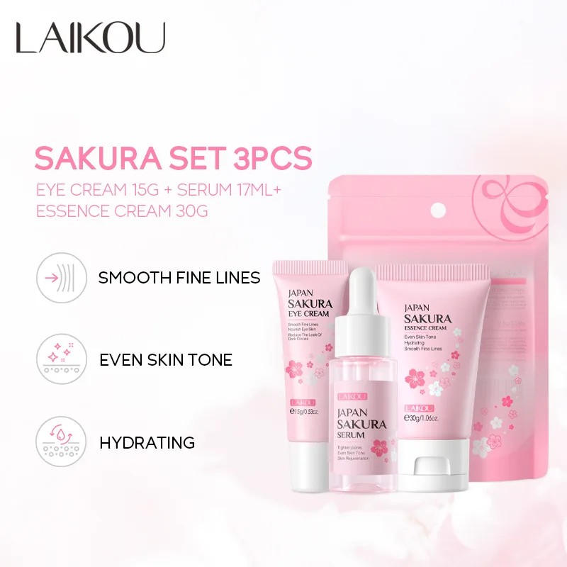 LAIKOU Japan Sakura 3pcs Hydrating Skin Care Set - Eye Cream 15g Serum 17ml Essence Cream 30g Women Beauty Gift Box