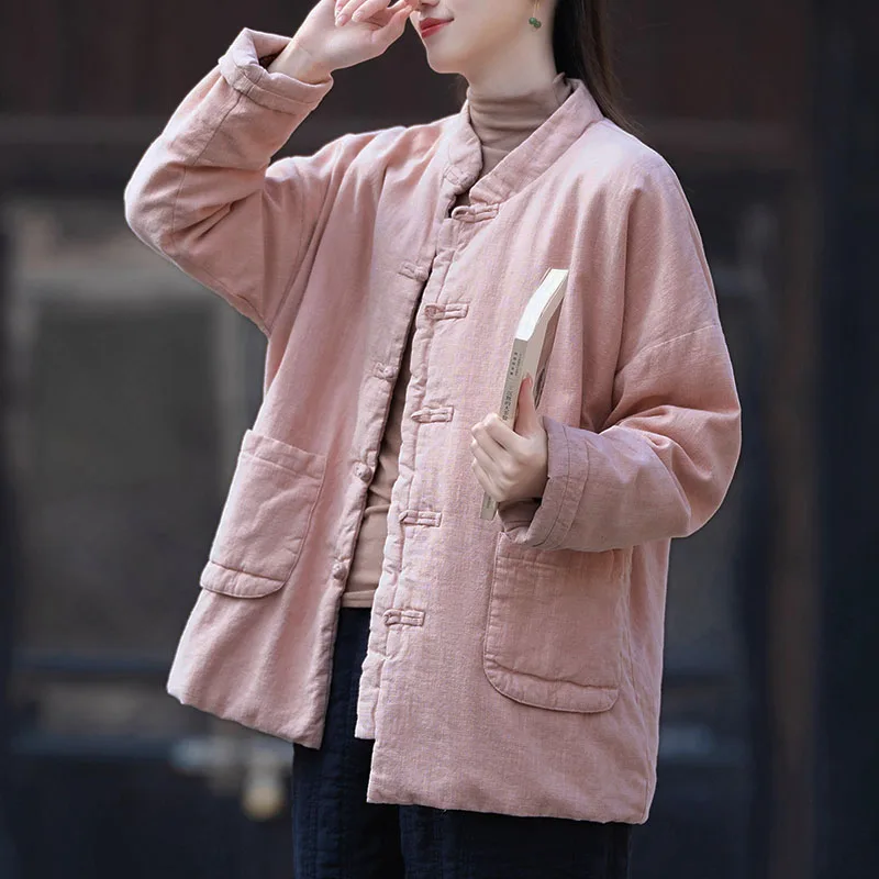 2024 Winter New Cotton And Linen Loose Short Cotton-Padded Jacket Women Retro Button Casual Zen Dress New Chinese Sewn Coat