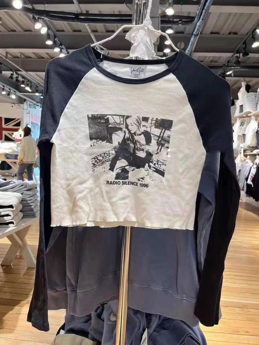 

Singer Print Crop Top Black Patchwork Round Neck Roll Hem Cotton Short T-shirt Fashion Streetwear Y2k Vintage Long Sleeve Tops