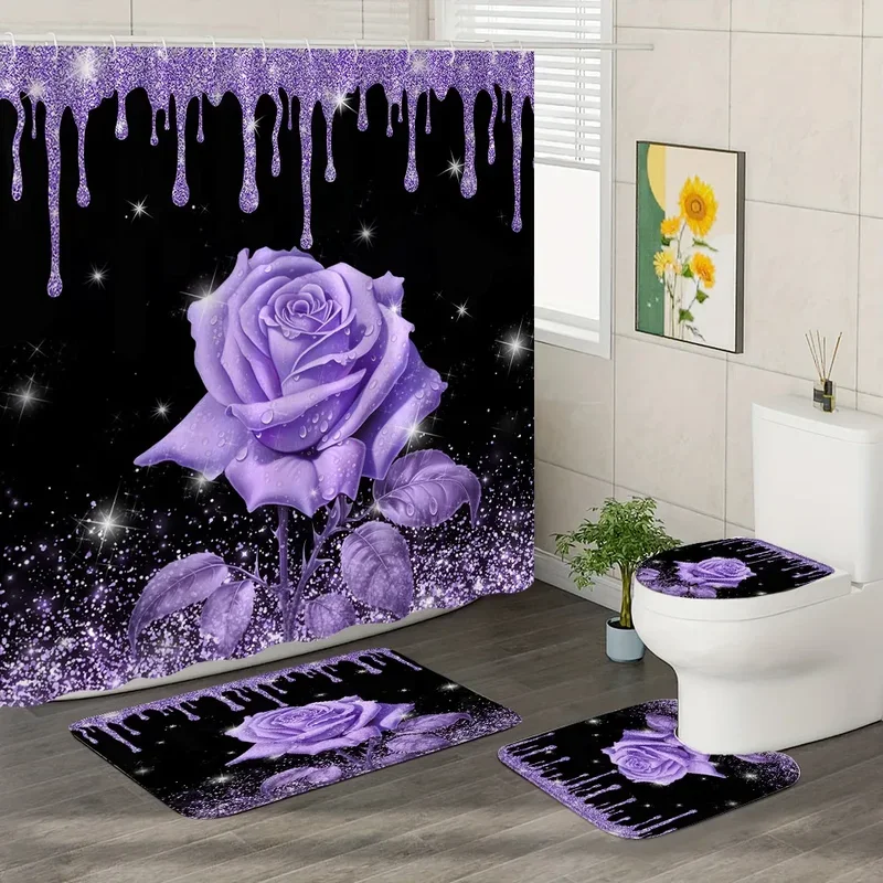 Pink Rose Shower Curtain and Rug Bathroom Set Floral Pink Glitter Shower Curtains Bath Mat Toilet Mat Bathroom Decor with Hooks