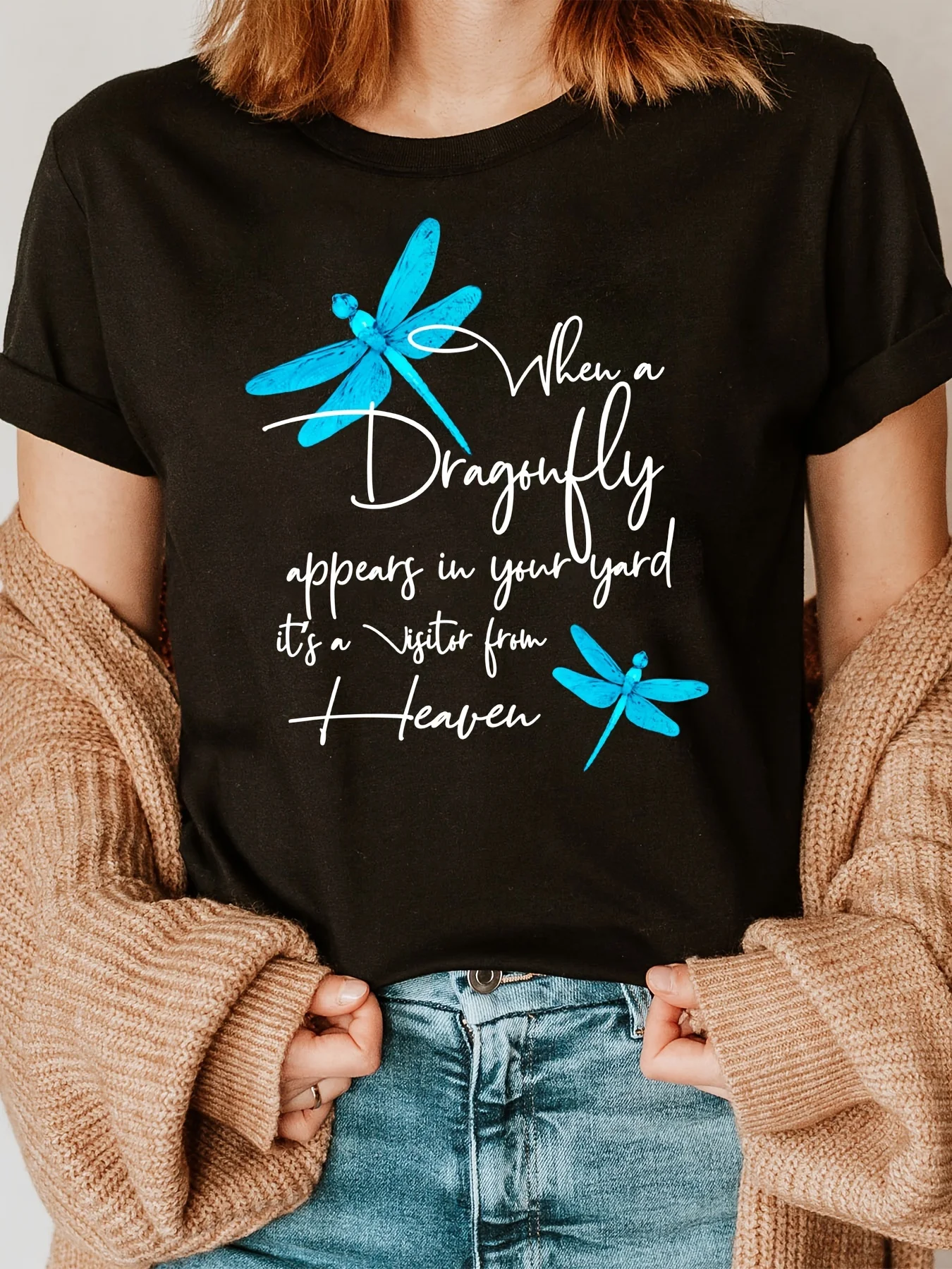 

Woman Top Dragonfly and Letter Print Crew Neck Fashion T-shirt Short Sleeve Casual Top for Summer Women's Tee Clothing