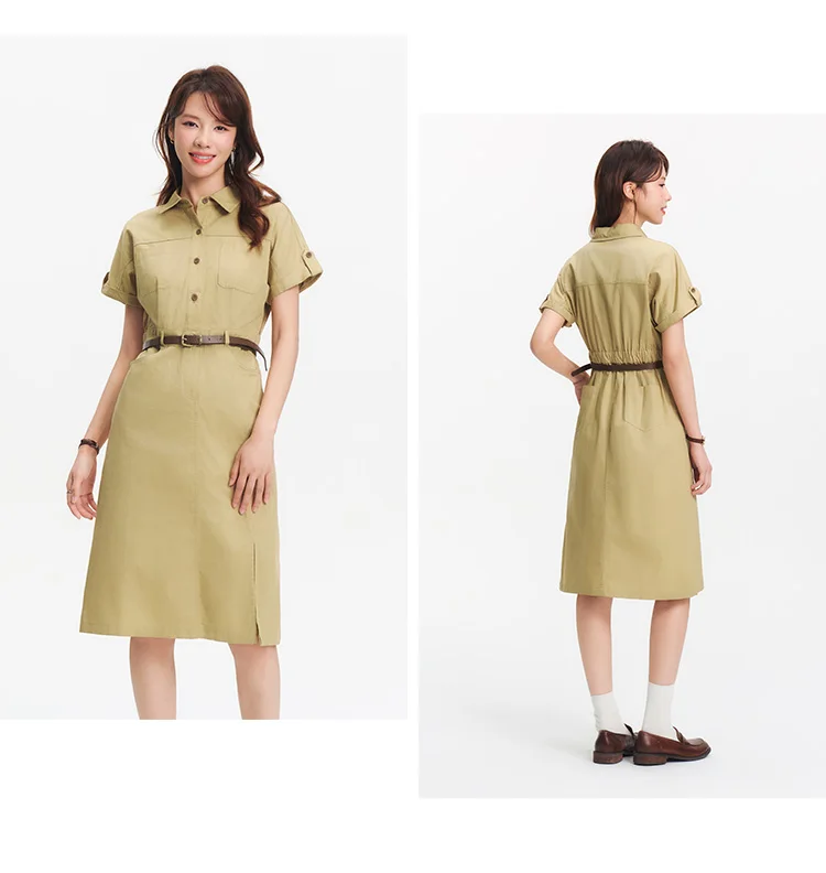 Semir Damen Hemdkleid mit Kragen aus Baumwolle, Schlitz, Midi-Länge, Gürtel, schmal geschnitten, Vintage Urban Workwear 2026 Sommer Mode Büro-Oberteil – Detail 4