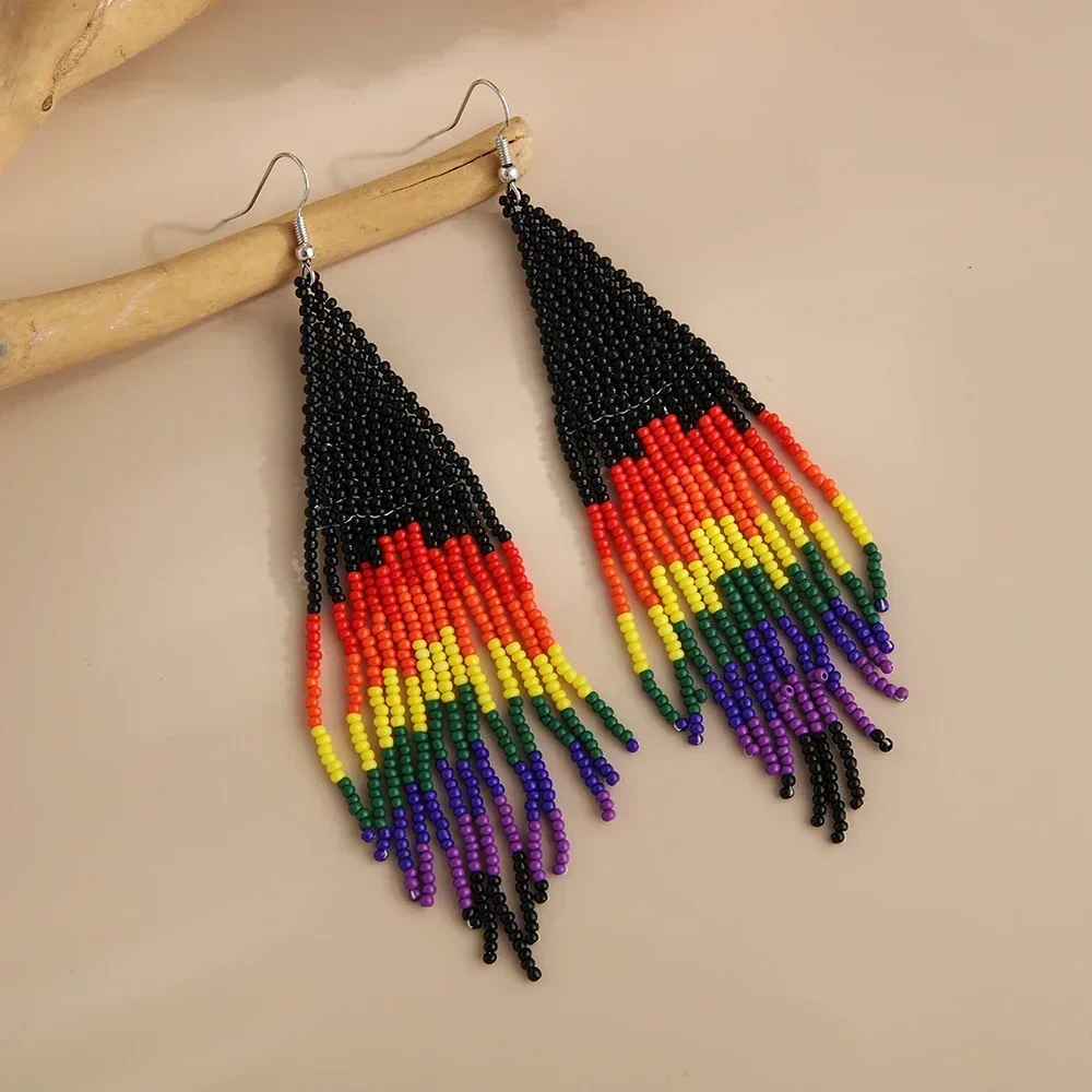 ZGMXR Rice bead earrings Tassel Rainbow Gradient color Hand knitting Bohemia Alloy Fashion Simple Design Female Beaded earrings