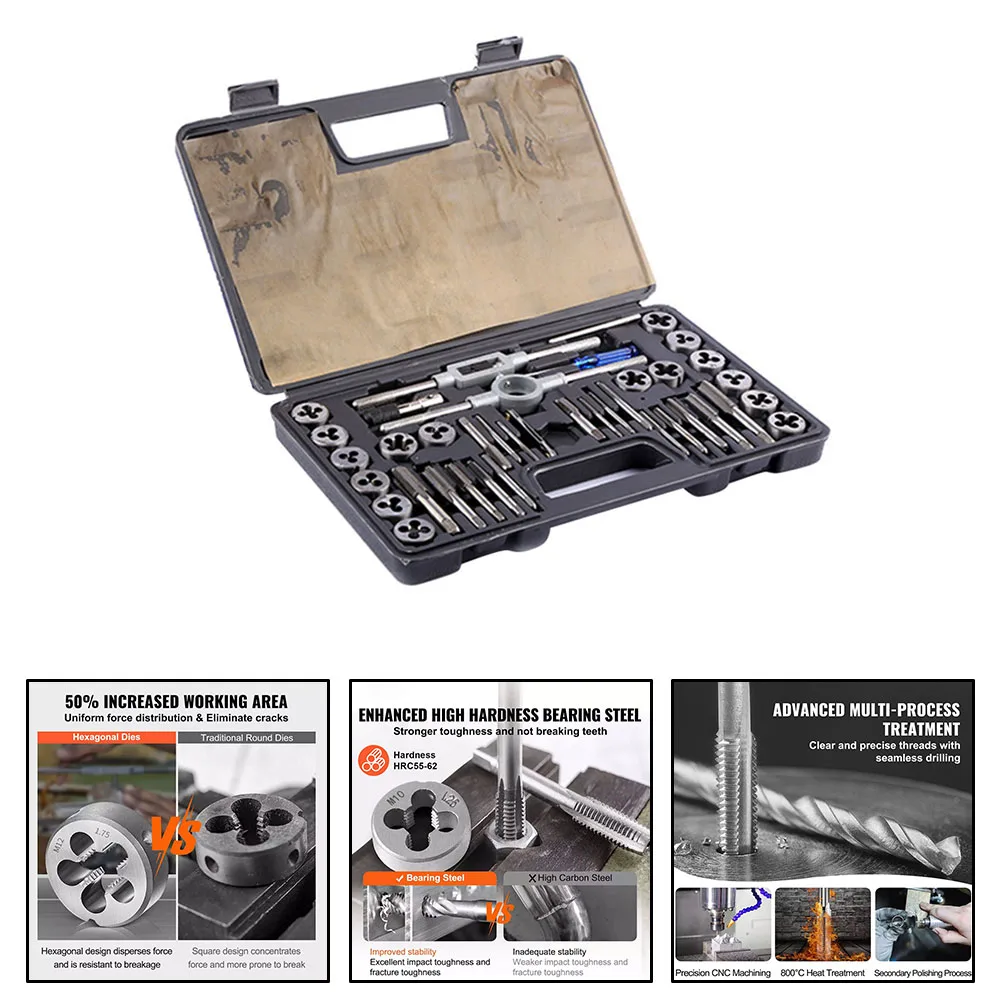 40Pcs Tap And Die Set Metric M3-M12 Bearing Steel Threading Tool Kit With Wrenches For Thread Repair And Machining Workshop