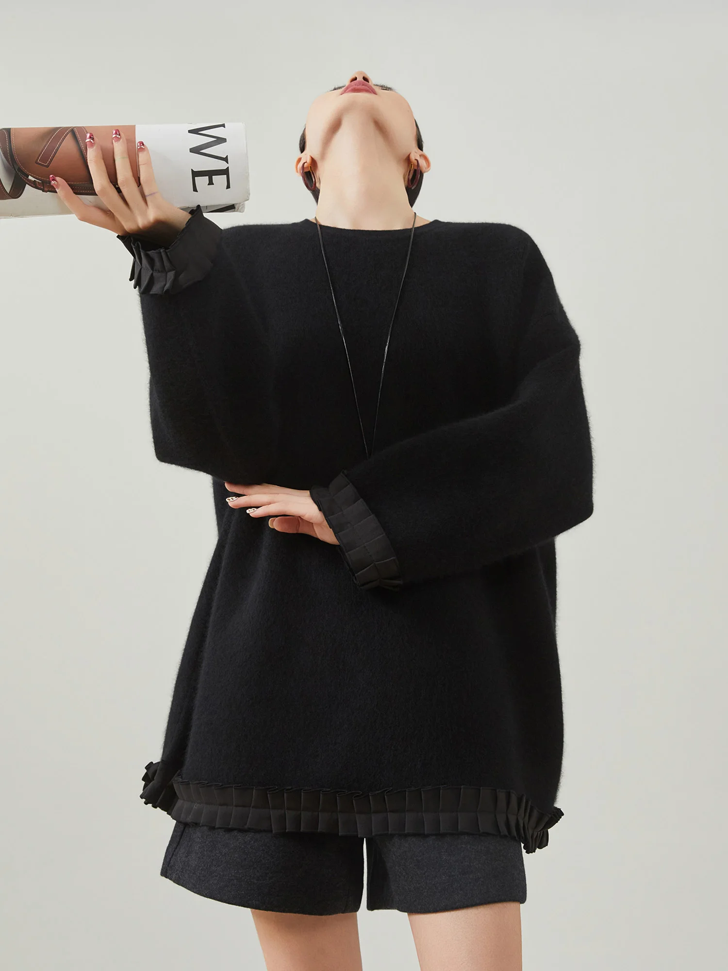 

Свободный женский вязаный свитшот миди-длины с кружевными вставками и плиссировкой, весна 2026, в стиле Lazy Sle, модный, из полиэстера