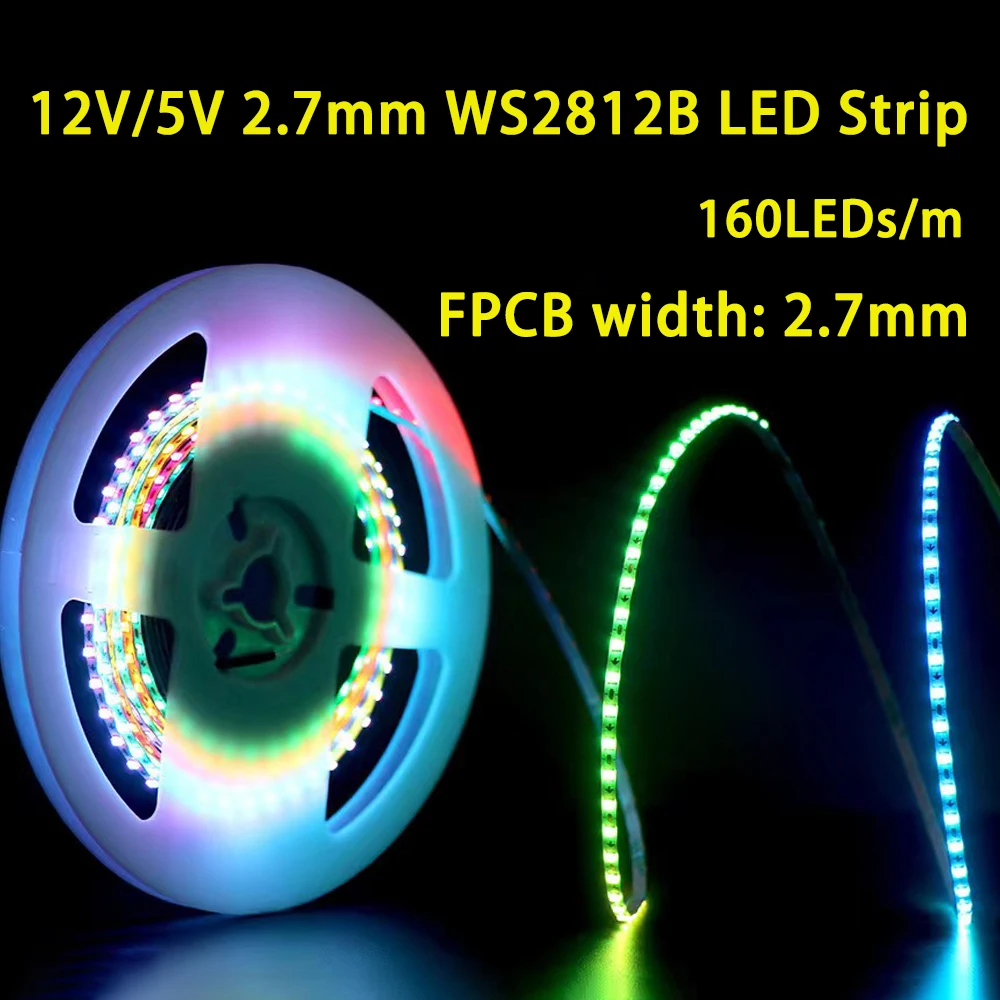 

5m800LEDs 2.7mm wide WS2811 WS2812B LED Strip 160Leds/M Individually Addressable RGBIC Colorful Pixel Light DC5V/12V