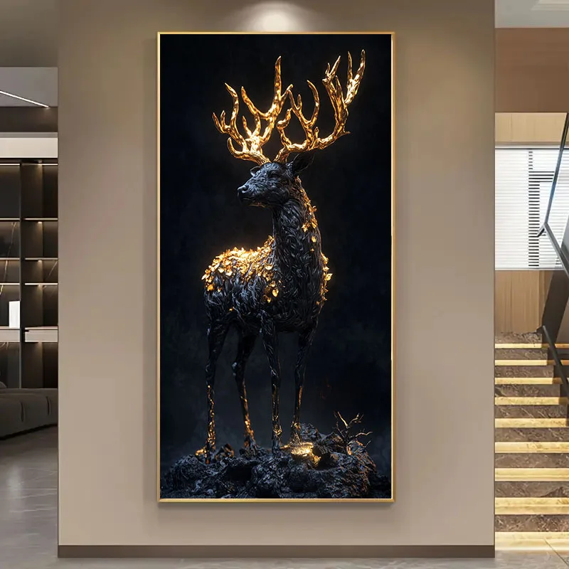 Arte de pared en lienzo negro con diseño de ciervo abstracto con escamas doradas en 2D, impresiones modernas en lienzo sin marco para decoración de sala de estar y dormitorio