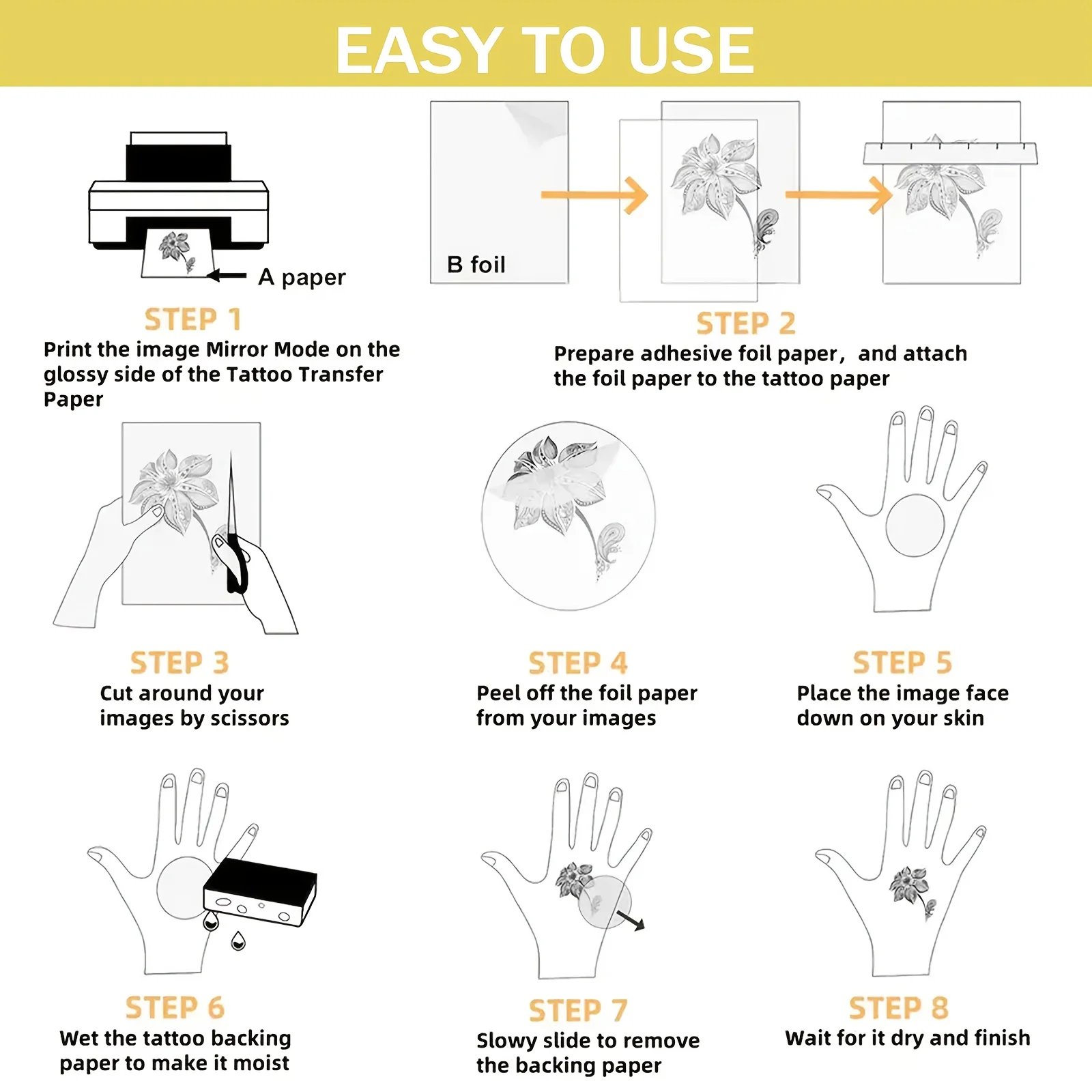 5 Sheets A4 Size Temporary Tattoo Stickers Paper - Inkjet Printing, 8.3×11.7 Inch for Inkjet Printer DIY Image Transfer Decal