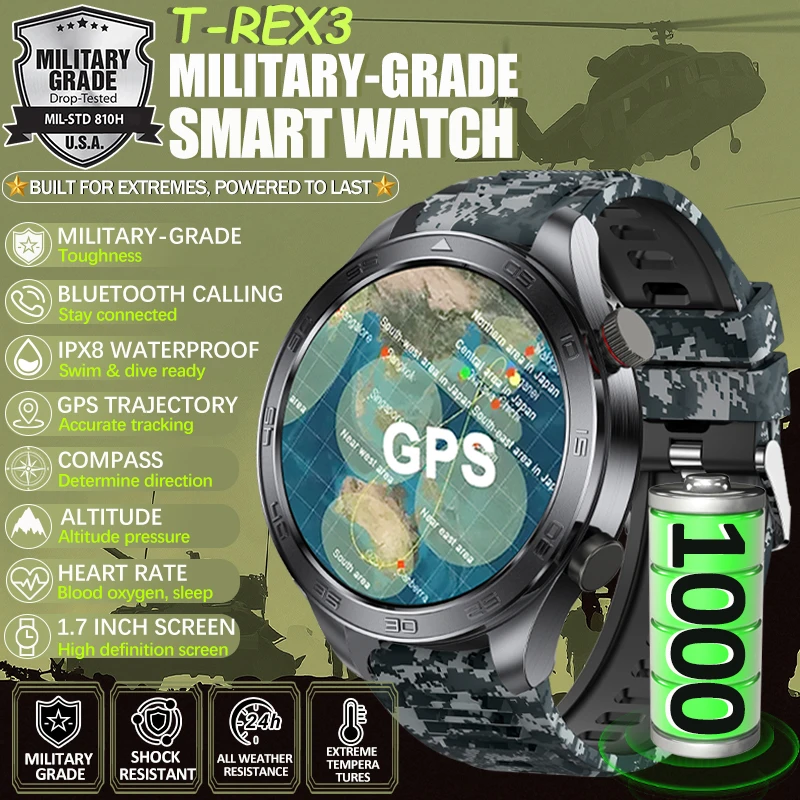 New Outdoor sturdy military men's smart watch 1000 mAh battery with compass altitude pressure IPX8 waterproof call health watch