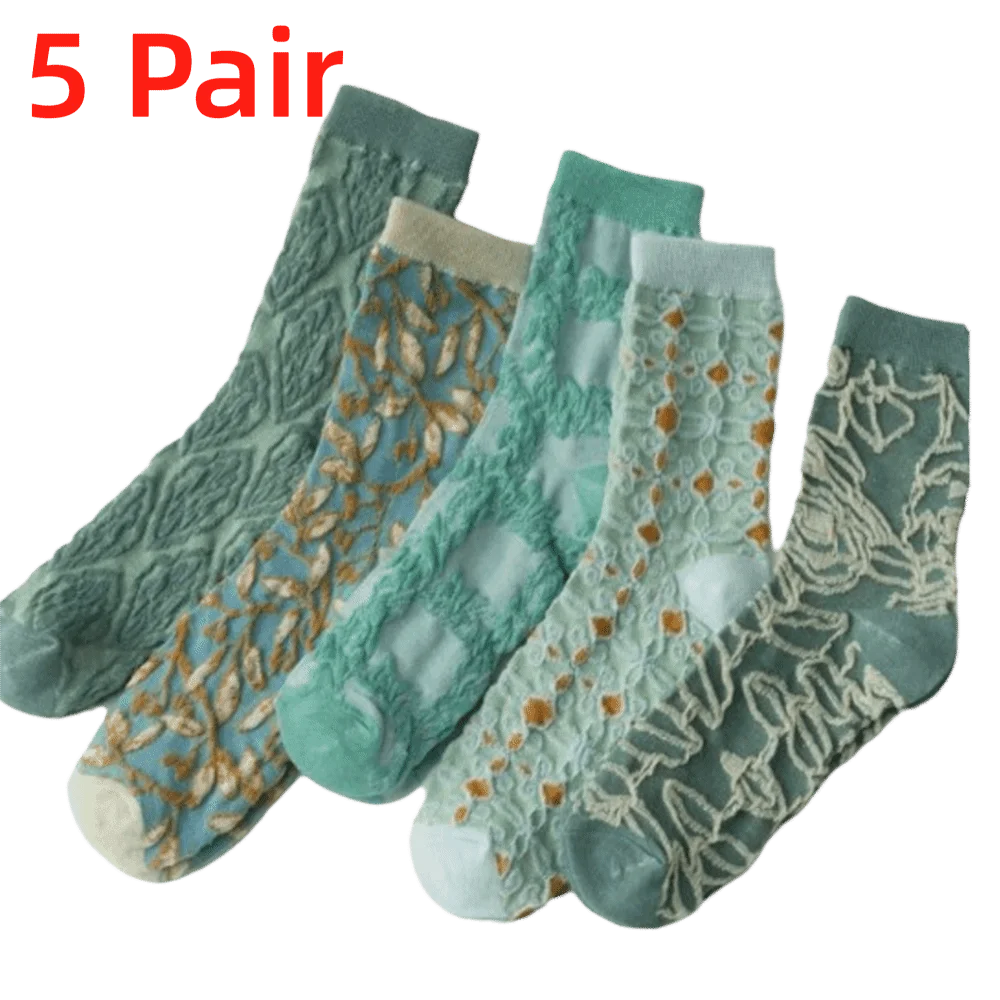 

5 Pairs Vintage Japanese Floral Textured Socks 3D Textured Boho Ethnic Cotton Socks Mid Calf 3D Embroidery Stockings All-Season
