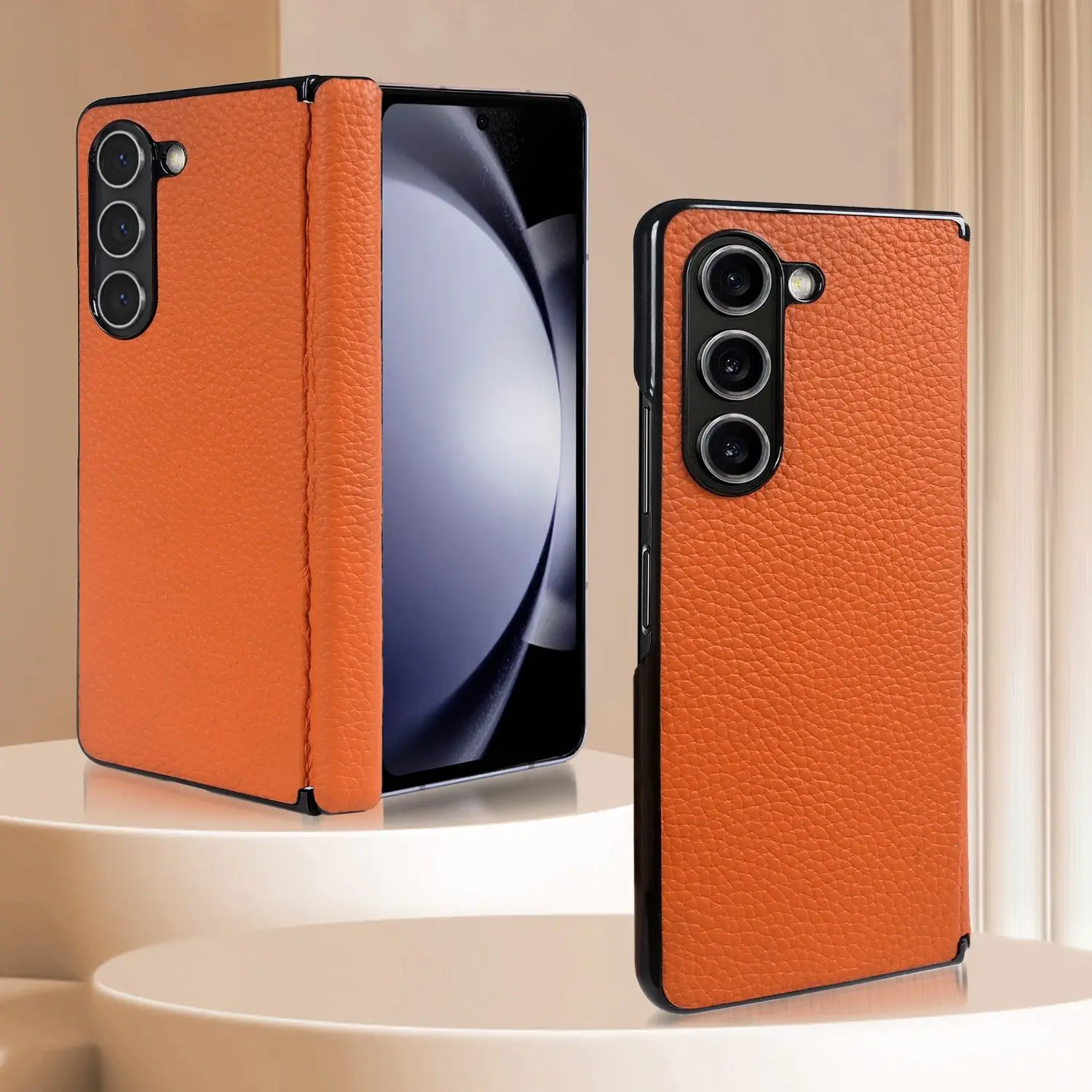 حافظة لهاتف سامسونج جالاكسي Z فولد 6 فولد 5 أغطية جلد طبيعي كابا واقية Etui Center Axis Back Coque Carcasa بدون جبهة