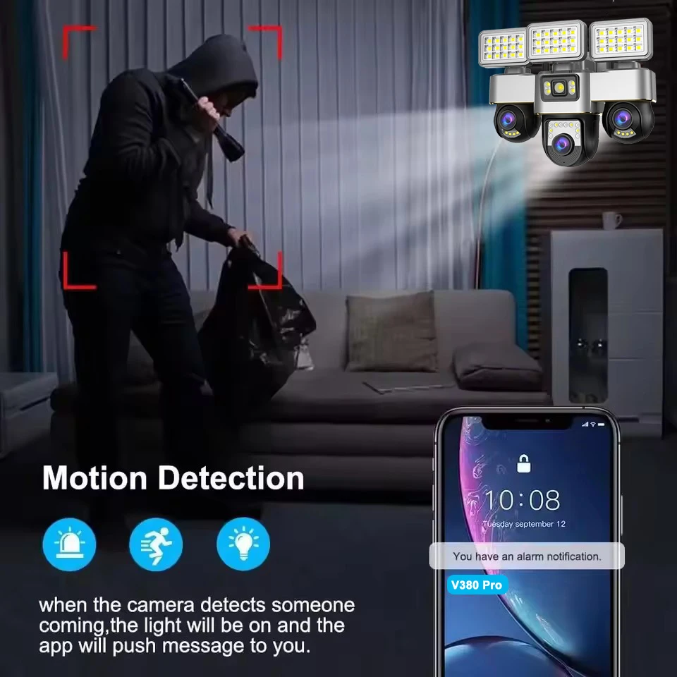 Telecamera di sorveglianza 12MP 4G Tre lenti CCTV impermeabile esterna Visione notturna a colori Monitor di tracciamento del movimento Cam Illuminazione a LED Cam