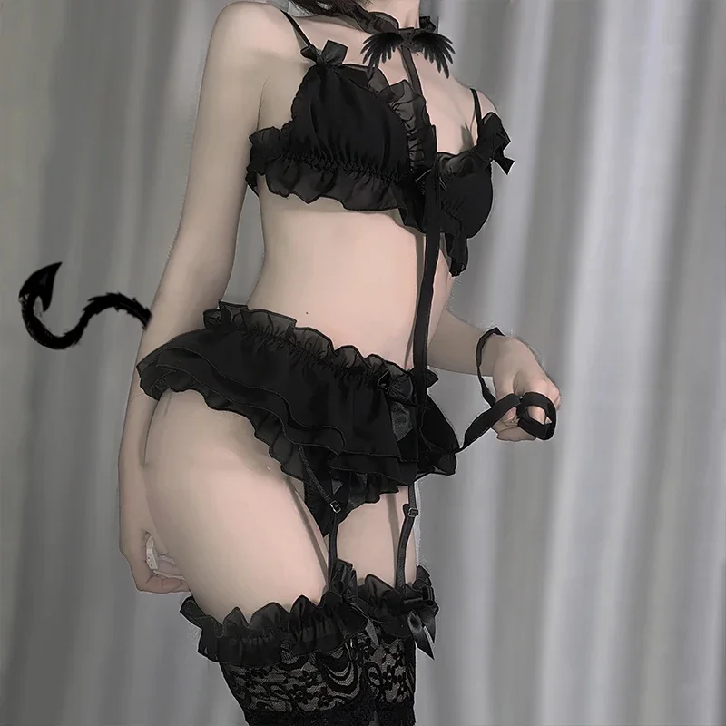 Erotic Lingerie Underwear Set Women Sexy Ruffles Three Point Sweet Intimate Lace Babydoll Soft Black Pajamas Cosplay Costumes