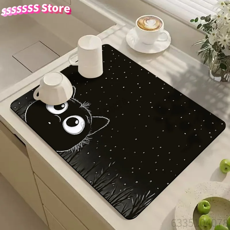Dish Drying Mat, Cute Kitten Pattern Drying Mat, Simple High-End Printed Draining Mat, Coffee Machine Mat, Kitchen Tableware Dry