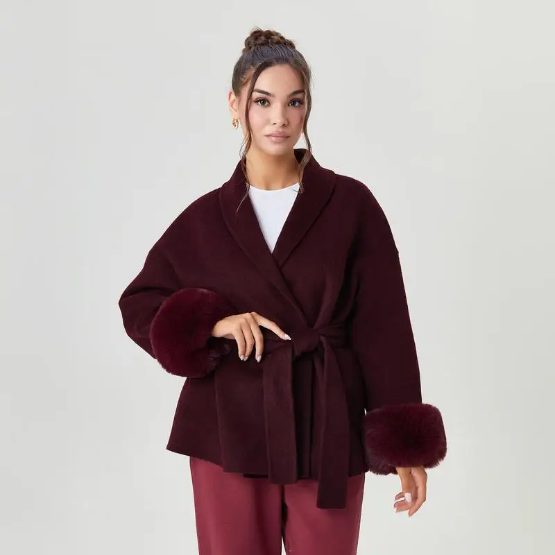 Elegant Women's Fuzzy Cuff Waist Tie Coat Stylish Medium-Length Woolen Outerwear for Summer Season Suitable for Mature Women