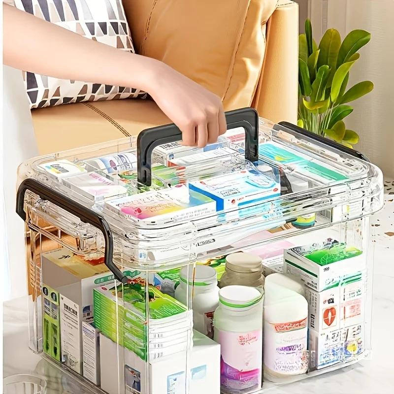 Modern Waterproof PVC Medicine Storage Box, Double-Layer, Stackable, Flip Top Closure, Rectangle Shape