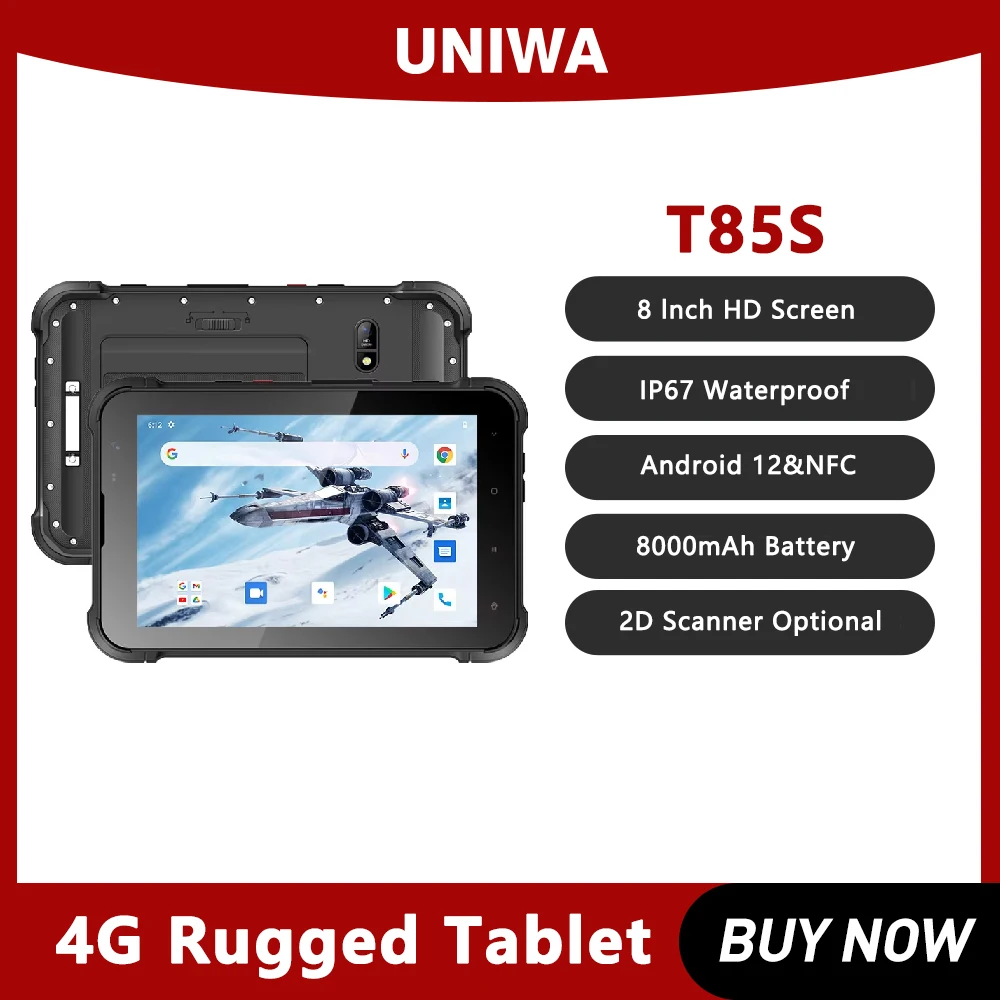 UNIWA T85S Rugged Tablet 4G 8 Inch Kiosk Mode 4GB RAM+64GB ROM 8000mAh IP67 Waterproof NFC Industrial Android PC with 2D Scanner