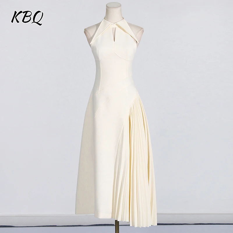 

KBQ Solid Hollow Out A Line Dress For Women Lapel Sleeveless High Waist Patchwork Folds Temperament Dresses Female New Clothes