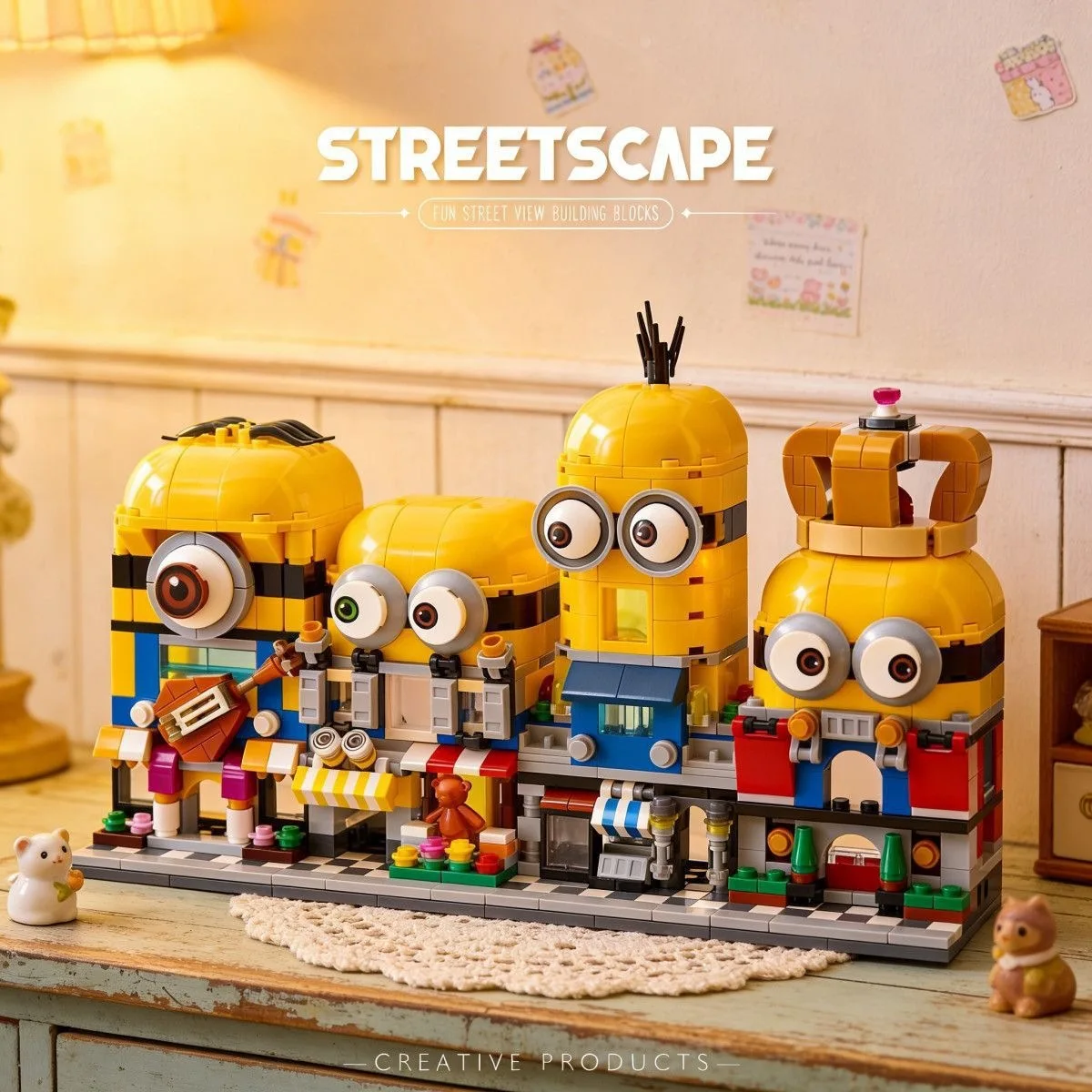 4-in-1 Minions Cartoon Street Scene Series 3D Sticker Model Figurine Educational Building Block Puzzle Toy Holiday Gift