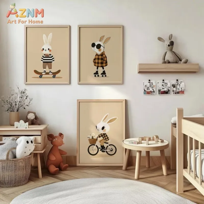 AZNM Cute Cool Bunny Canvas Wall Art Rabbit Skateboard Bicycle Plaid Outfit Neutral Beige Cartoon Unframed Print For Boys Kids N