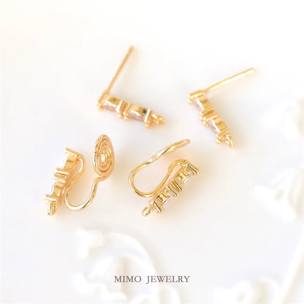Copper Plated Gold Double Horse's Eye Zirconium Strip One Word 925 Silver Needle Stud Earrings DIY Earrings Charm Accessories