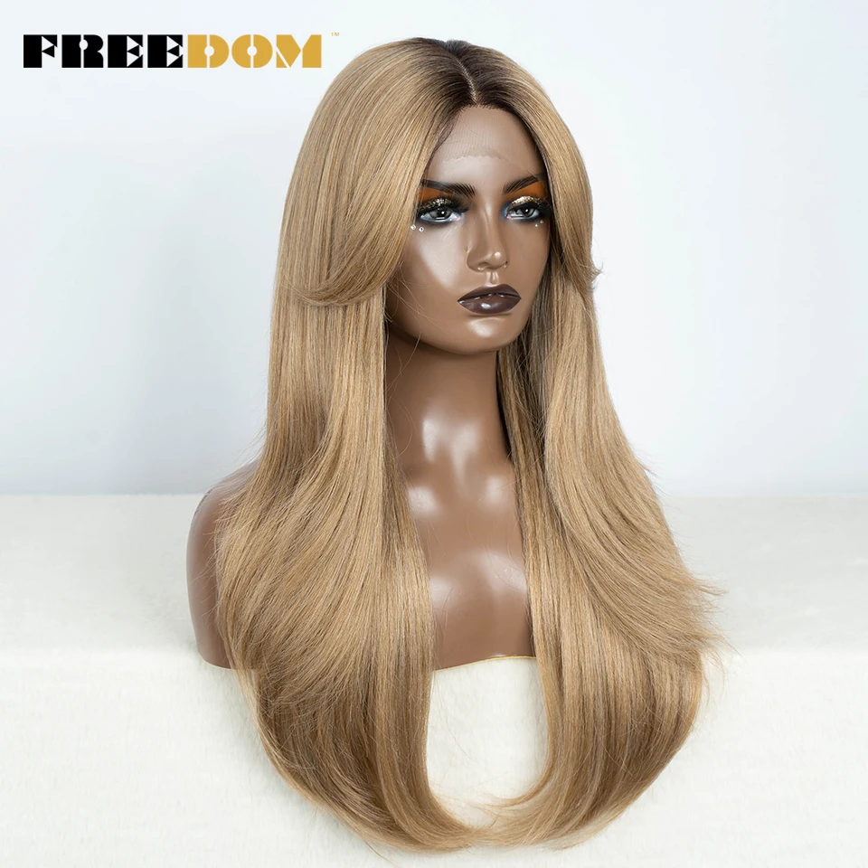 FREEDOM Synthetic Lace Front Wigs For Black Women 26 Inch Straight Lace Wig With Bangs Ombre Brown Blonde Grey Red Cosplay Wigs