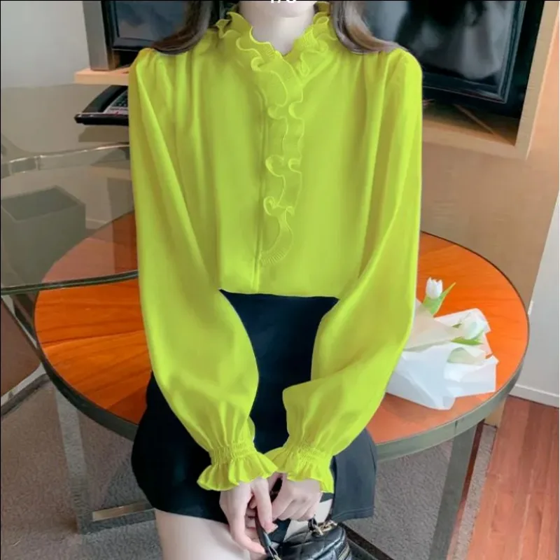 2024 spring autumn New Women\'s Solid Color Chic Slim Blouses Fashion Spliced Ruffled Neck Shirring Long sleeved Chiffon Shirts