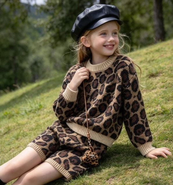 Girls Suit 2026 Autumn and Winter New Children's Clothing Korean Style Girl Baby Foreign Leopard Print Sweater Two-piece Set