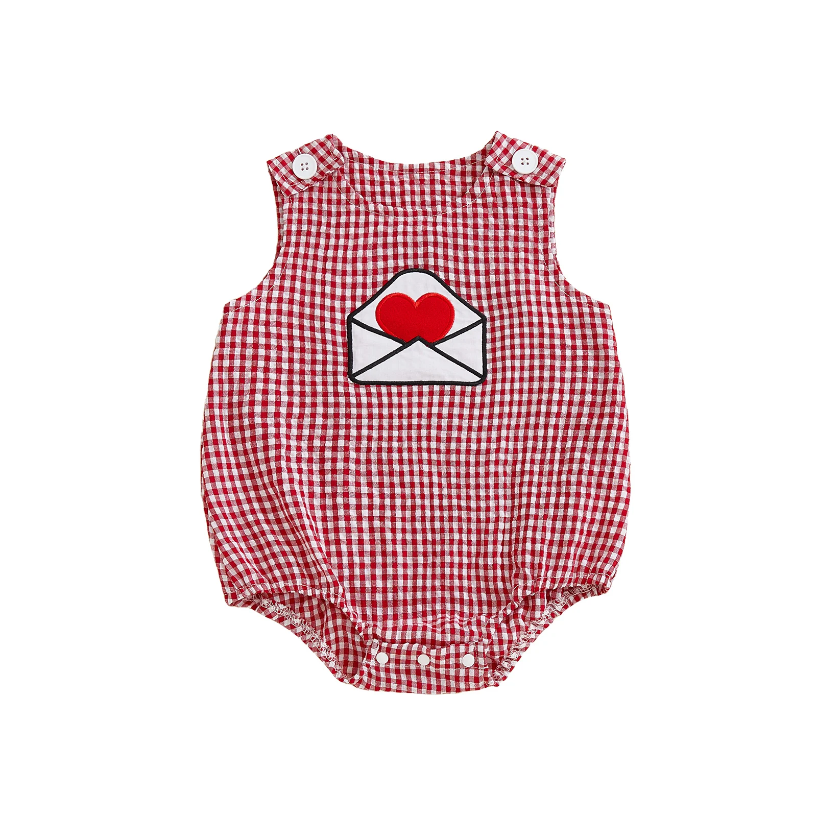 

Infant Baby Valentines Plaid Romper Cute Envelope Heart Embroidery Sleeveless Jumpsuit
