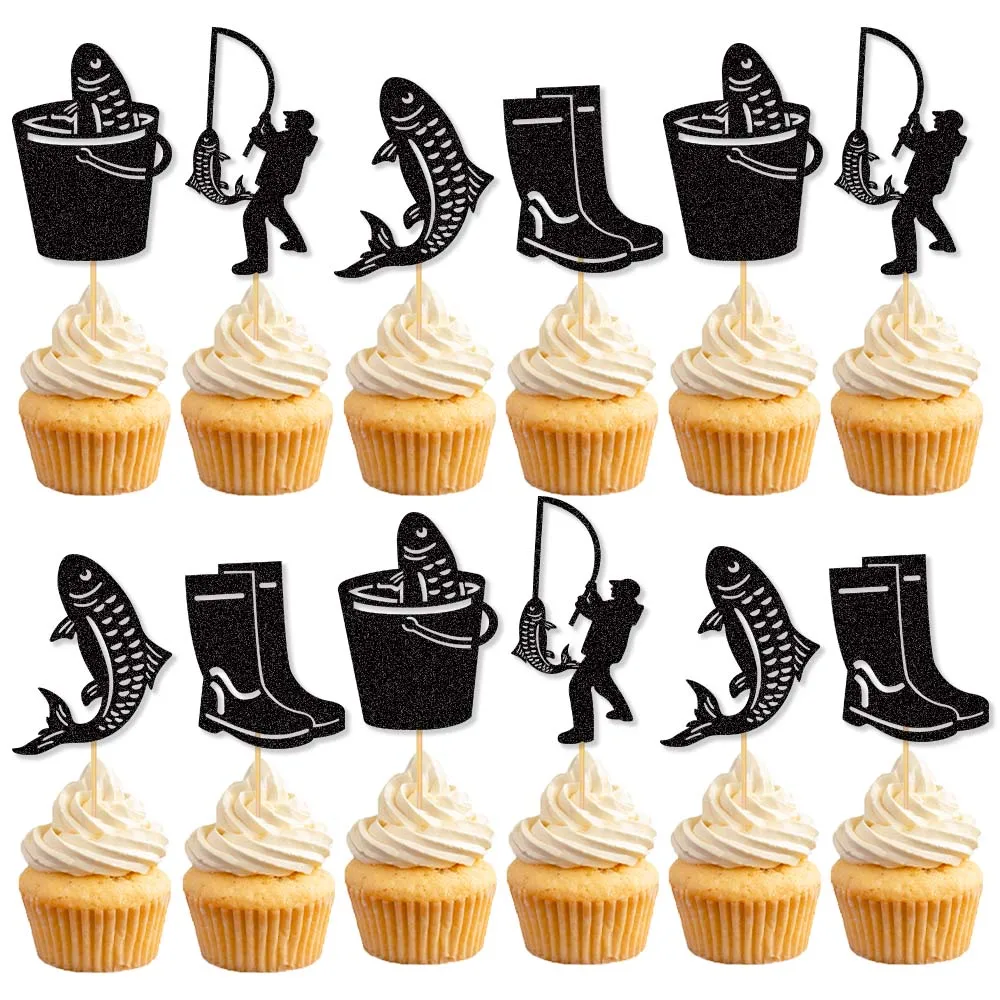 12 stücke Schwarz Angeln Kuchen Topper Fischer Alles Gute Zum Geburtstag Fisch Kuchen Topper Outdoor Angeln Cupcake Topper Geburtstag Party Decor