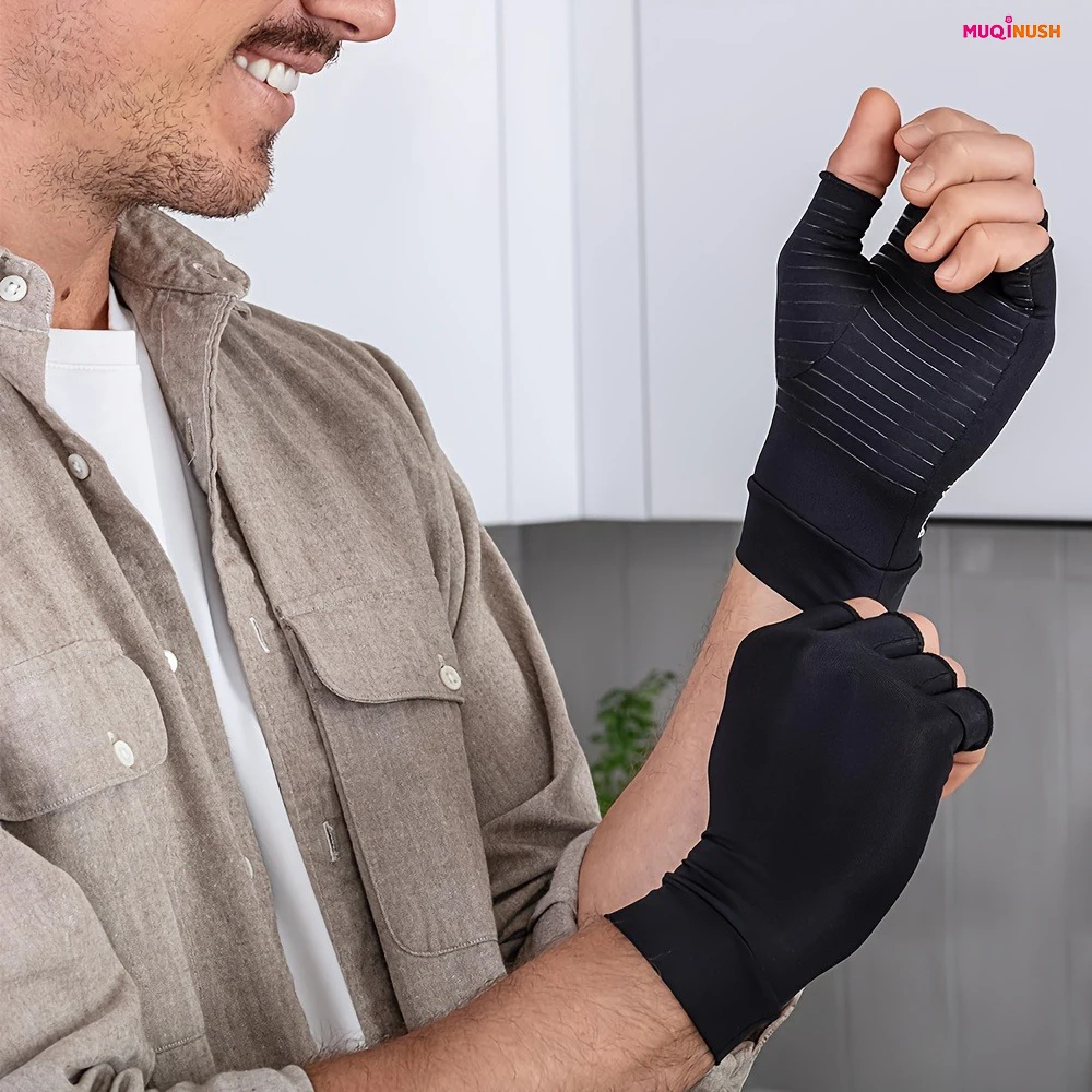 

Copper Arthritis Compression Black Gloves Women Men Relieve Hand Pain Swelling and Carpal Tunnel Fingerless Support for Joints