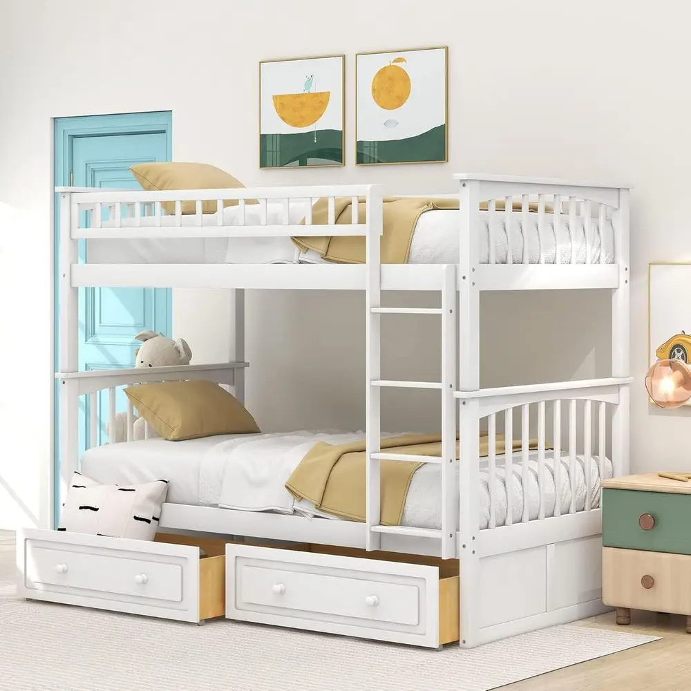 Convertible Wood Twin Bunk Bed with Storage Drawers and Ladder - Splits into Two Daybeds (White)