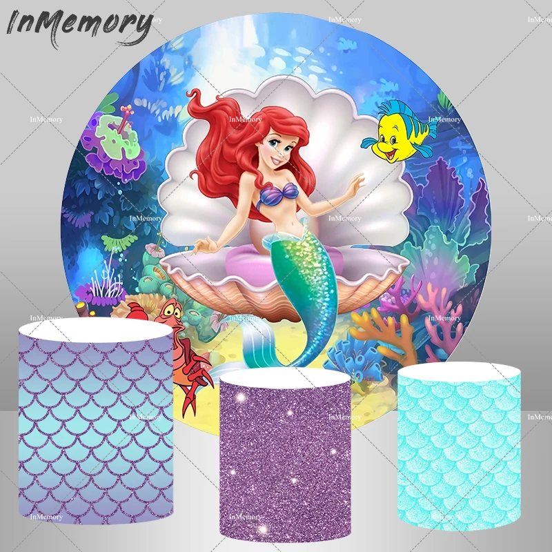 Round Circle Backdrop Cartoon Little Ariel Mermaid Background Baby Shower Girls Birthday Party table Cover under the sea Studio