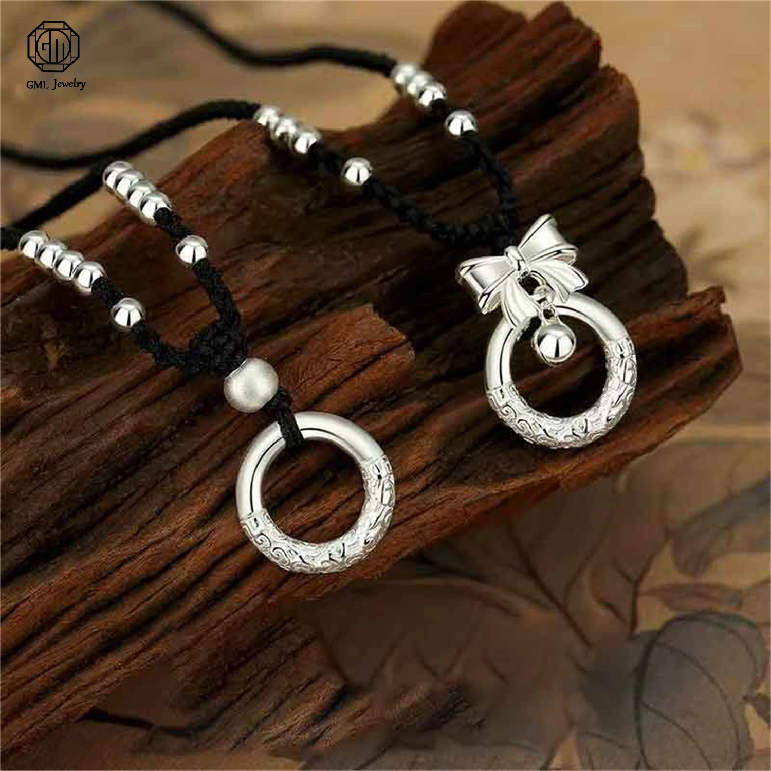 Solid Auspicious Cloud Peace Lock Couple Necklace Vintage Light Luxury Unique Braided Black Cord Trendy Jewelry Gift