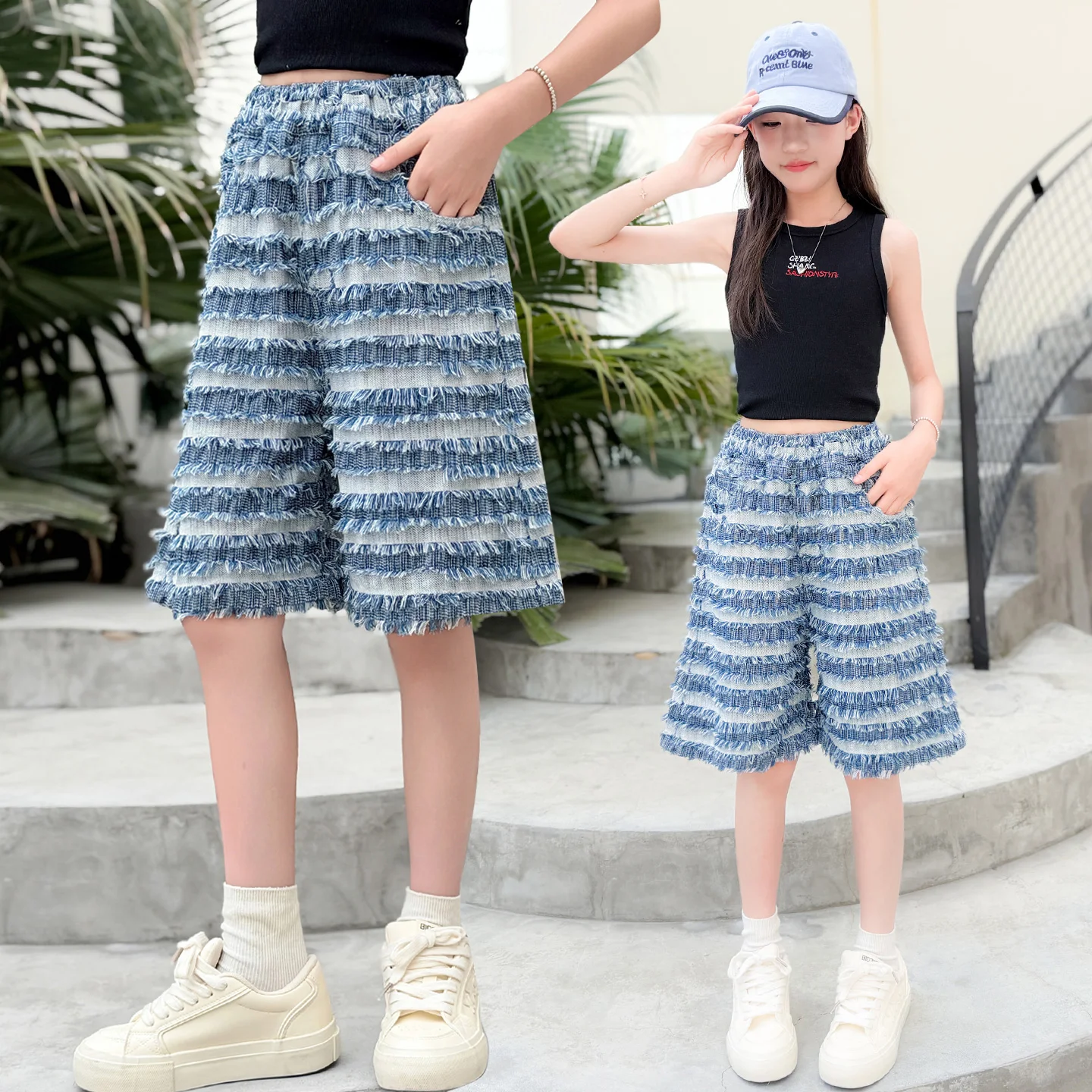 High Quality Kids Denim Shorts for Girls with Tassel Design Elastic High Waist Casual Knee-Length Teenage Short Jeans Ages 4-14Y