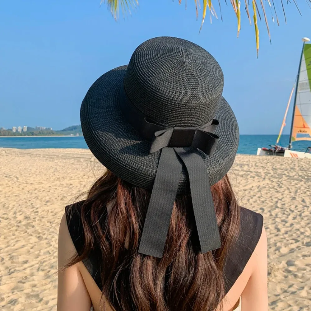 Retro Round Top Straw Hat Ladies Sun Hats Travel Holiday Visor Hats Vintage Women Beach Hat Black And White Wholesale ceremony