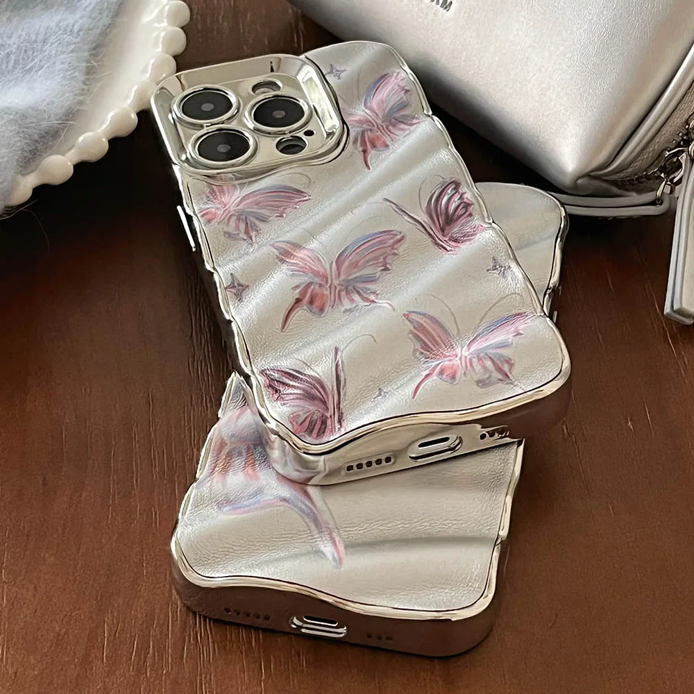 한국 INS 달콤한 나비 전화 케이스, 아이폰 15, 14, 13, 12, 11 프로 맥스, 럭셔리 전기도금 실버, 3D 물 잔물결 소녀 커버