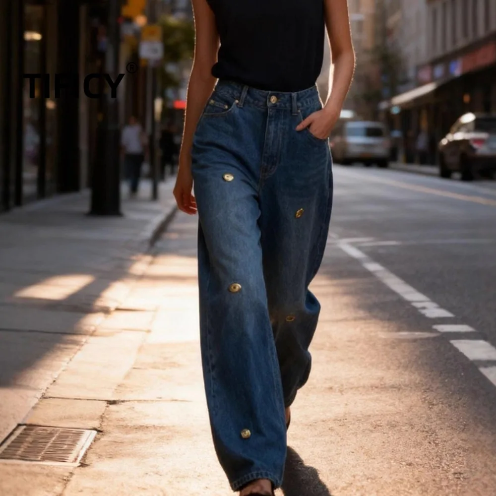 هاي ستريت النمط الفرنسي المعدني المزخرف الجينز السراويل الطويلة النساء خريف 2025 جديد ريترو فضفاض ومتعدد الاستخدامات الدينيم السراويل #1