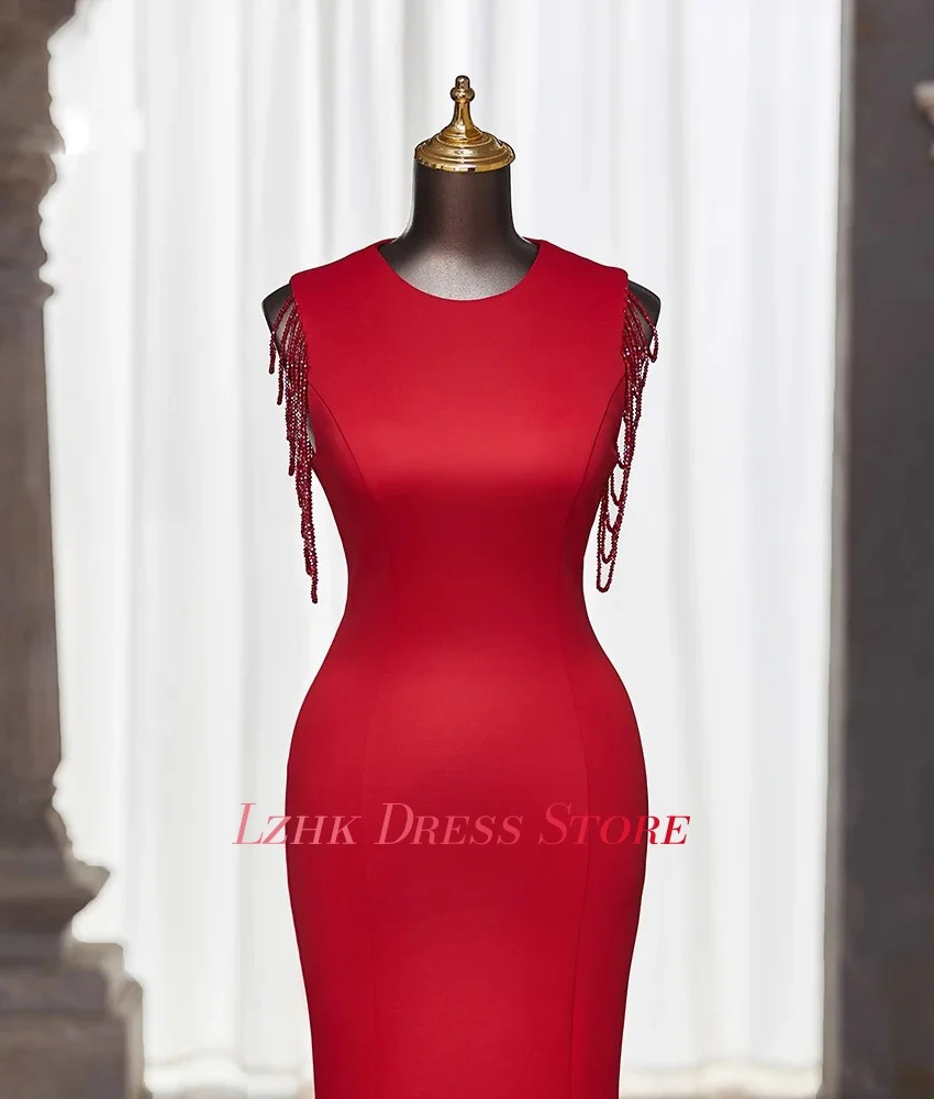 Robe de soirée sirène en Satin, personnalisée, gracieuse, perles, tempérament, sans manches, col rond, longueur au sol