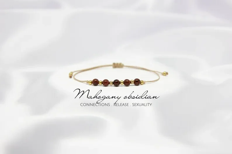 Women's Rosewood Obsidian Adjustable Cord Delicate Beaded Bracelet Graduation Gift