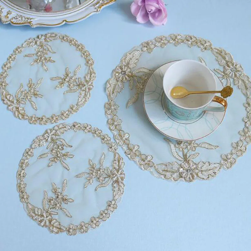 Round mesh bead embroidery placemat tea coaster kitchen Christmas flower table place mat cloth Table decoration and accessories