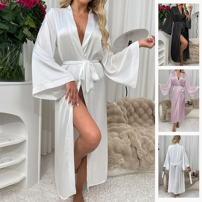 

Women's Long Satin Bathrobe/Nightgown with Long Sleeves and Tie - Sexy Solid Color Home Wear Silk Robes for Women