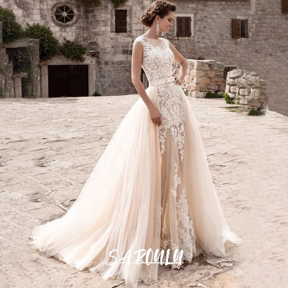 Two Pieces Lace Wedding Dress Illusion Mermaid Bride Dresses With Large Detachable Train Sheer O Neck Bridal Gown Customized