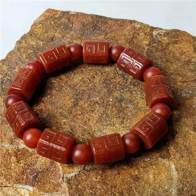 

Natural Agate Bracelet Men Women Healing Gemstone Fine Jewelry Genuine Red Agate Hexagonal Bead Carved Bracelets Bangles