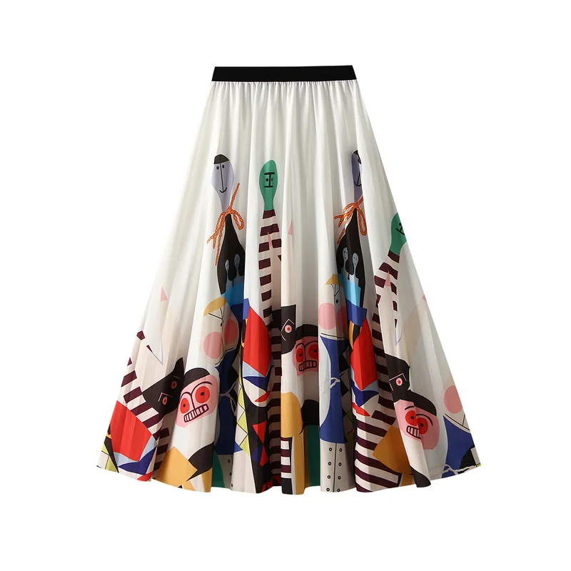 Purchase autumn new Korean version simple cartoon printed pleated fashionable slimming high waist versatile mid length skirt