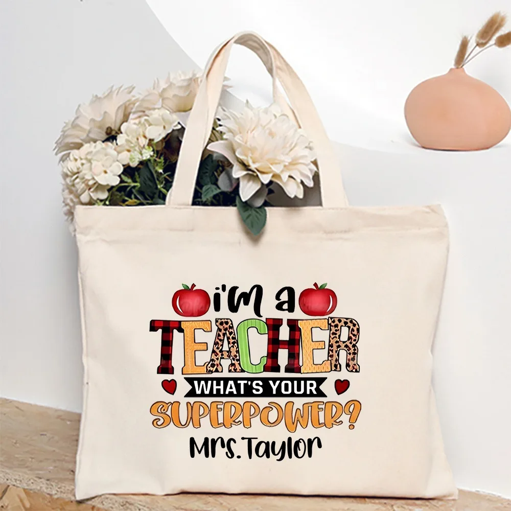 Personalised Tote Bag Teacher Life Shoulder Bags Custom Name Canvas Shopping Bag Travel Handbags Teacher\'s Day Gift for Teachers