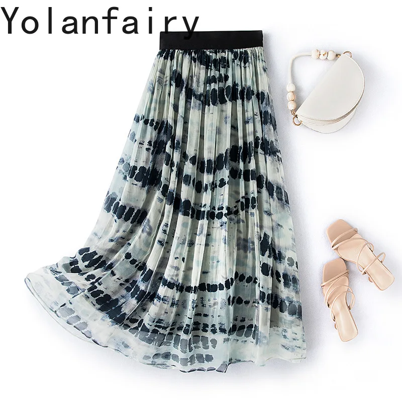 YOLANFAIRY Elegant 100% Real Mulberry Silk Skirts Long 2026 Summer Elastic Waist Printed Skirt Women Clothing Streetwear Skirt